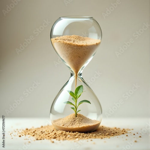 Tiny seedling sprouts from sand inside an hourglass symbolizing growth over time