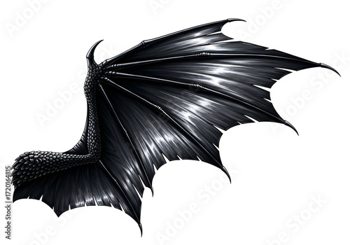 A detailed view of a dramatic dragon wing and tail, showcasing intricate scales and textures against a stark black background.
