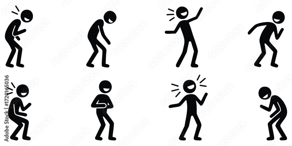 Naklejka premium Stickman silhouette set of laughing poses showing humor, happiness, joy, comedy, entertainment, and cheerful emotional expressions