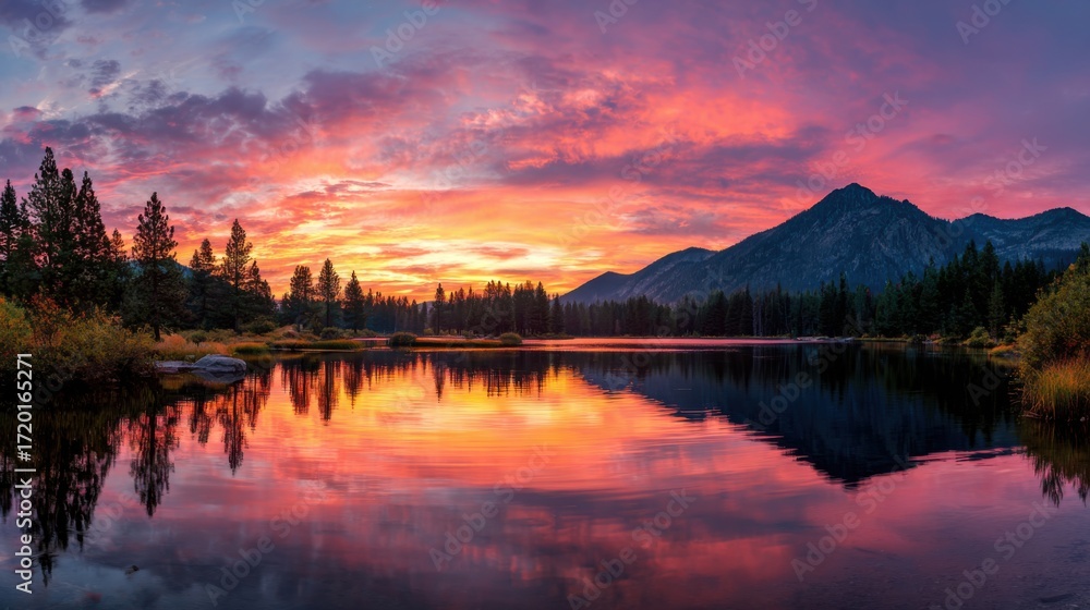 Fototapeta premium A breathtaking sunset casts brilliant hues across the sky and reflects on a calm lake surrounded by pine trees and mountain peaks. The serene setting invites peace and contemplation.