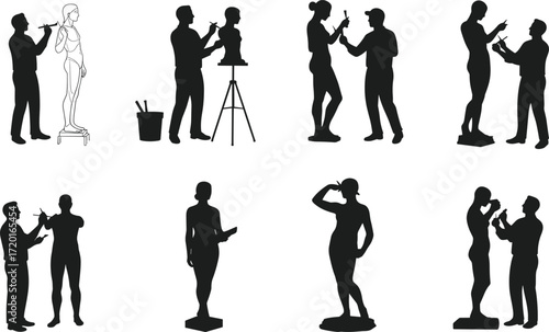 Sculptor silhouettes with statues, bust creation, artistic process, model interaction, sculpture tools, vector illustration