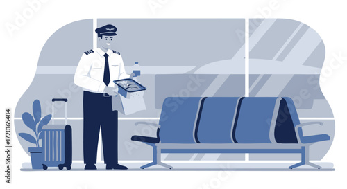 An airline pilot in uniform takes a break while waiting in an airport departure terminal with his luggage and a meal
