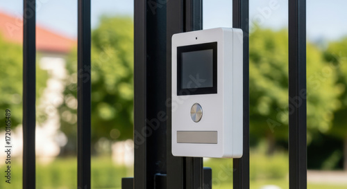 Modern Smart Intercom System Mounted on Black Metal Fence.