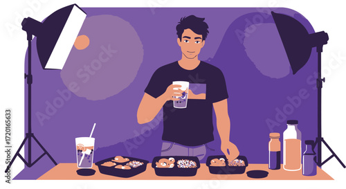 Illustration of a male food blogger or vlogger recording a video review of prepared meals in a home studio with professional lighting