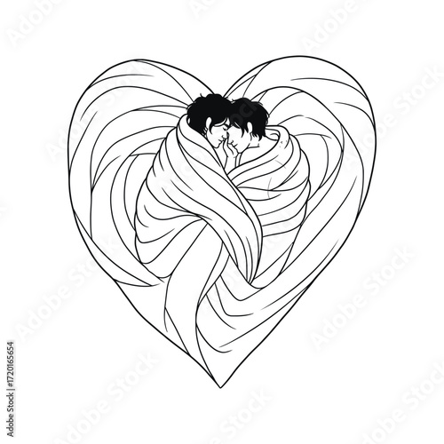 Gay Couple snuggling in heartshaped blanket black and white line art illustration romantic love lgbtq valentines day
