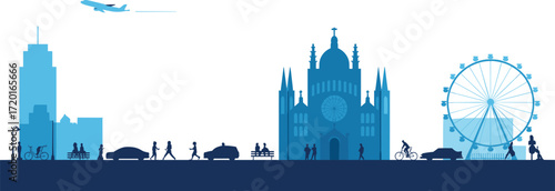 city, skyline, architecture, cathedral, Ferris, airplane, people, urban, bicycle, car, bench, Gothic, modern,  