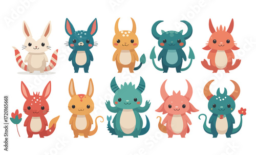 Adorable cartoon fantasy creatures in vibrant colors, cute chibi monsters with horns, tails, and magical features.