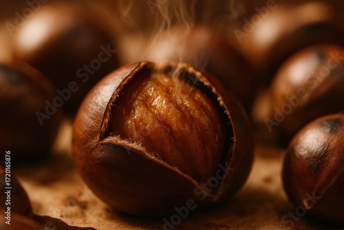 Hot roasted chestnut with steam rising, close-up food photography in warm autumn light