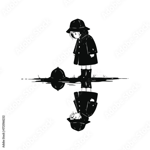 Sad Girl in Raincoat Reflecting in Puddle Black and White Illustration