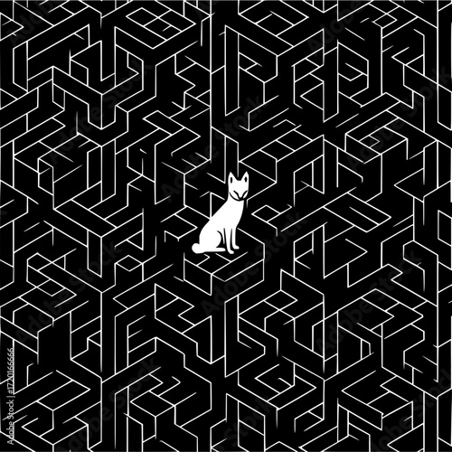 Find the cat in the maze puzzle game optical illusion black and white challenge for adults and kids to solve