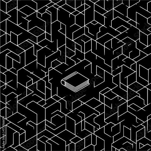 Book in a maze vector illustration concept of knowledge and education as a complex journey of learning