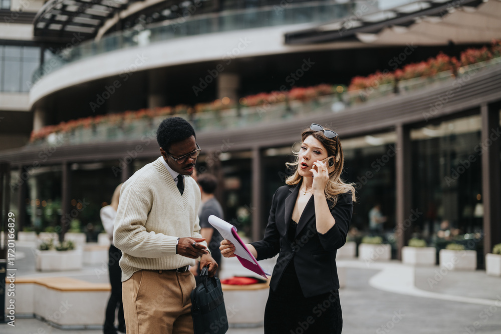 Obraz premium A man and woman in professional attire collaborating on documents outside near a contemporary building.