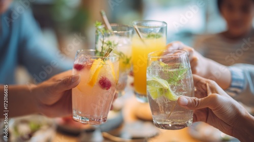 Wallpaper Mural In a vibrant social setting, people clink glasses filled with colorful beverages, symbolizing celebration and refreshment. The lively atmosphere emphasizes friendship, happiness, and the joy of Torontodigital.ca