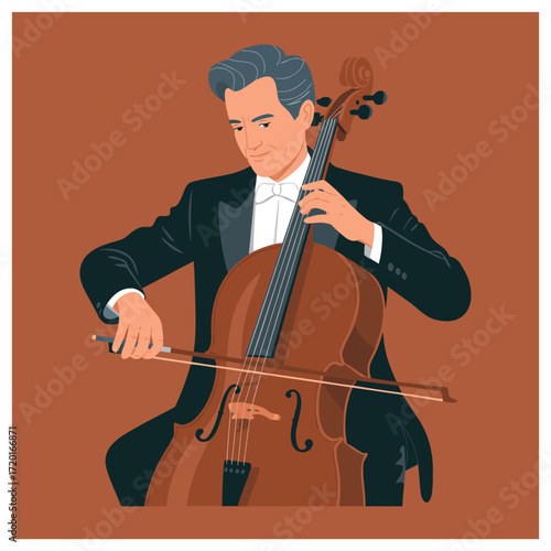 A flat vector illustration depicting a male cellist passionately performing classical music