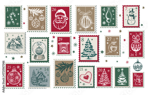Christmas Stamps, mail, Advent calendar, postcard hand drawn illustrations.