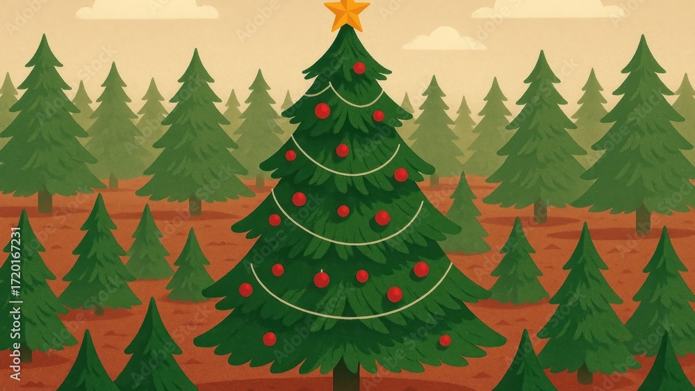Fototapeta premium Festive evergreen forest illustration.