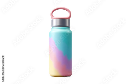 Colorful stainless steel water bottle with pastel ombre design and pink lid, cut out