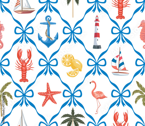 Sailboat, lemon, lighthouse, starfish, palms, flamingo, anchor, sea horse with ribbon bow seamless pattern. Summer print.
