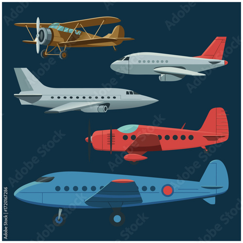 A flat vector illustration of a collection of airplanes