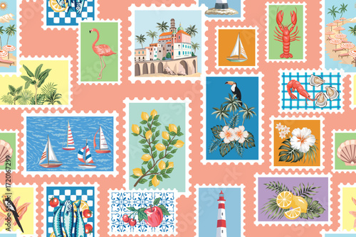 Amalfi, sailboat, lemon branch, lighthouse, sardine fish, sea wave, palms, flamingo, toucan, palm, hibiscus flower, shell in the frames seamless pattern. Summer Italian postage stamp.