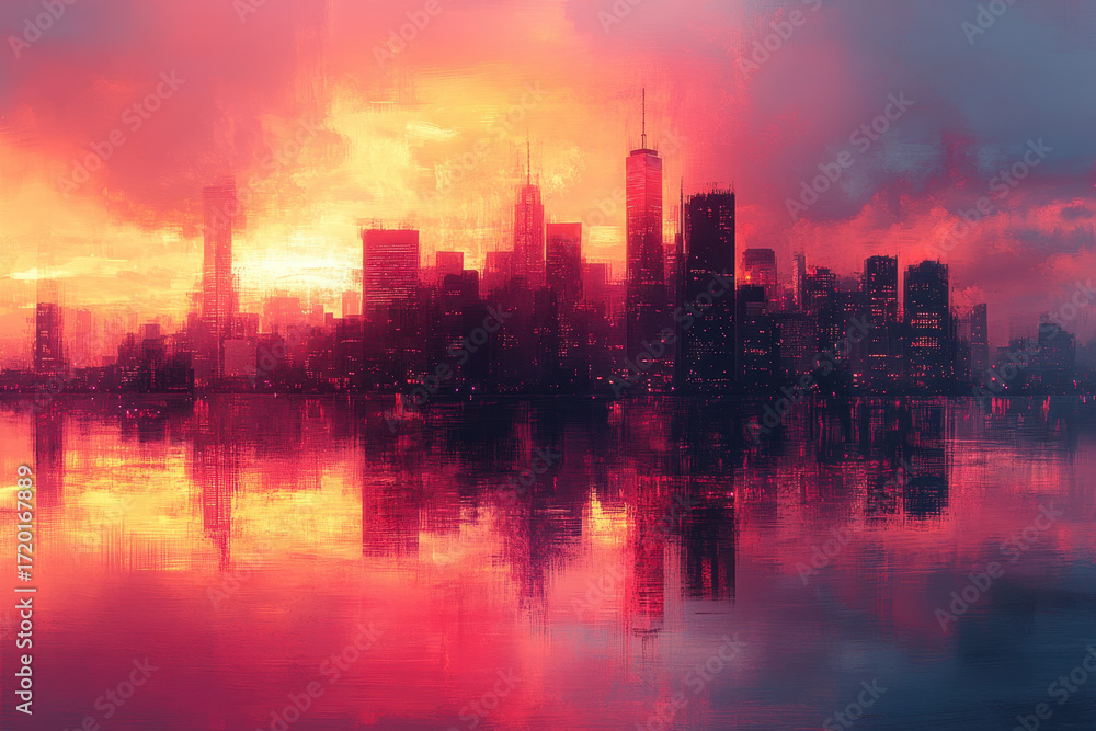 Fototapeta premium Red sky over city skyline with clouds.