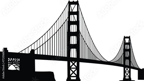Golden Gate Bridge silhouette, San Francisco landmark, suspension bridge, black and white art, iconic architecture, USA travel, engineering marvel, minimalist design