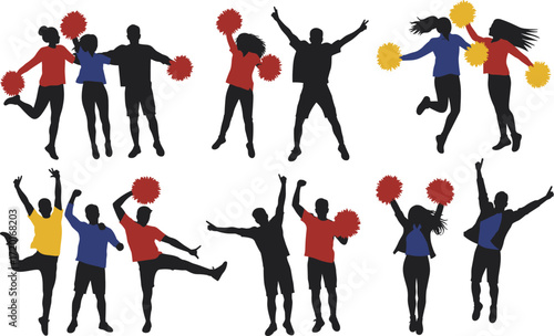 Silhouette cheerleader pairs, festive poses, colorful pom-poms, energetic celebration art, teamwork illustration, vibrant performance design