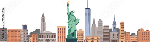 New York skyline, Statue of Liberty, colorful illustration, iconic buildings, urban architecture, USA, tourism, cityscape, travel, landmark, culture, skyscrapers, heritage,