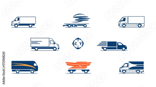 A collection of stylized delivery truck and transport vehicle illustrations, presented in a graphic design style.