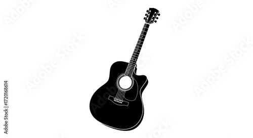 Black acoustic guitar illustration, showing the body, neck, headstock, and sound hole, isolated on a white background.