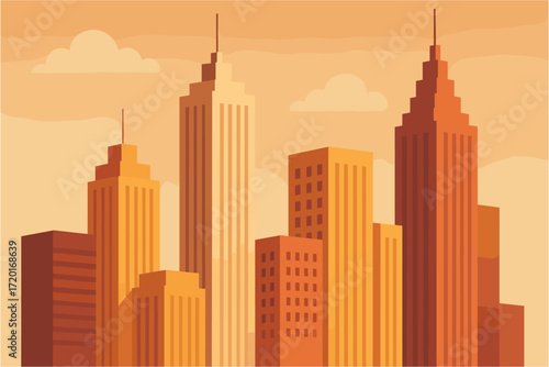 Modern city skyline silhouette against sunset