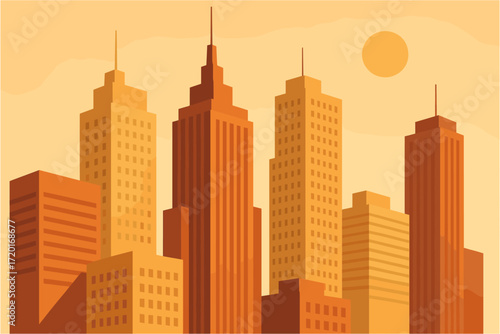 Urban skyline at sunset with tall buildings in warm tones