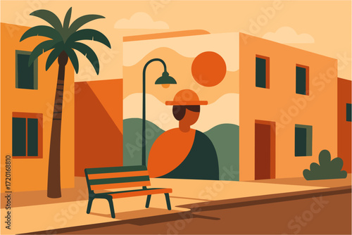 Colorful urban mural scene with palm tree and bench in retro style