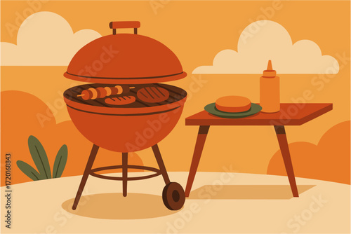 Backyard barbecue scene with grill and condiments in flat design