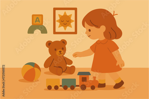 Child playing with toys in vintage style playroom