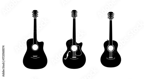 Three black silhouettes of acoustic guitars, showcasing different body styles.