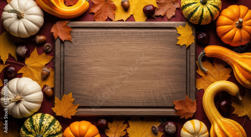 Autumn Harvest Thanksgiving Decorative Frame with Pumpkins and Leaves.