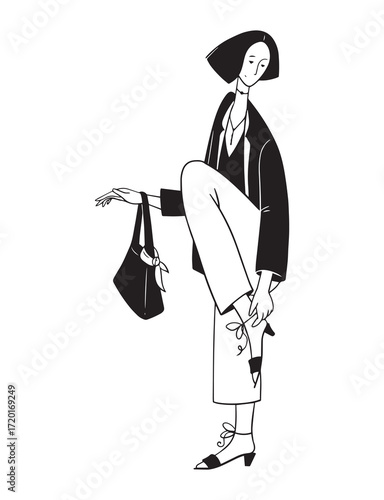 Minimal black-and-white doodle of elegant woman in oversized blazer and trousers, adjusting sandal strap with handbag and scarf. Chic fashion line art for editorial, branding, and lifestyle design.
