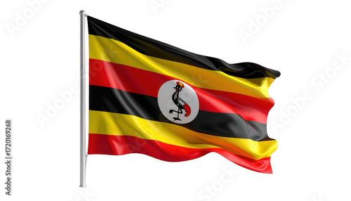 A digitally rendered, detailed image of the national flag of Uganda, displaying vibrant colors and flowing fabric, against a plain black backdrop.