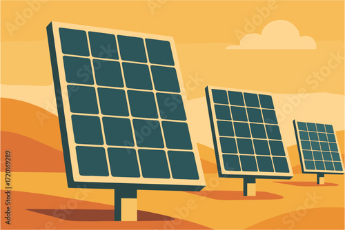 Solar panels in desert: renewable energy flat design illustration