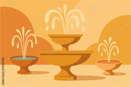 Stylized decorative fountains with abstract background in warm tones