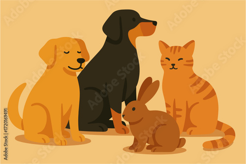 Flat design pets: dog, cat, rabbit on a peaceful background