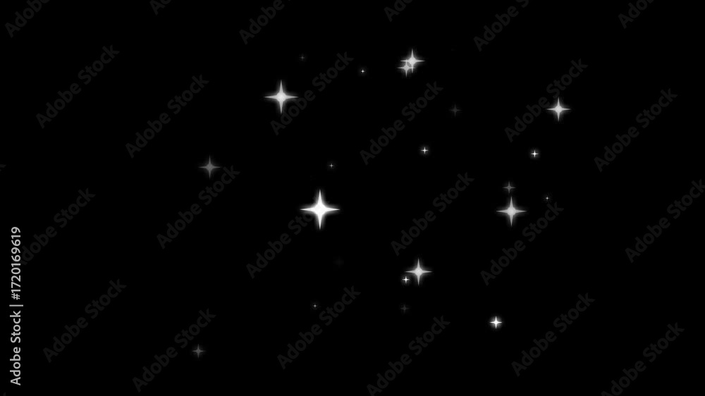 White glowing stars sparkle, blinking retro vector stars and dots, twinkling starry night sky, looping animation, doodle glitter trail, twinkle magic dust animation, shimmer particle on black screen