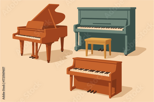 Classic piano collection: grand and upright styles in modern flat design