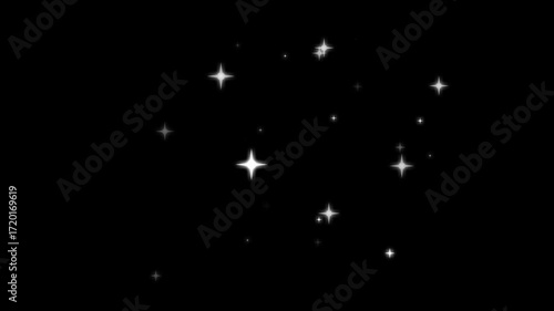 White glowing stars sparkle, blinking retro vector stars and dots, twinkling starry night sky, looping animation, doodle glitter trail, twinkle magic dust animation, shimmer particle on black screen