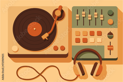 Retro flat style turntable and mixer with headphones on beige background