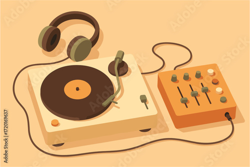 Retro turntable and dj mixer with headphones in isometric design on pastel background