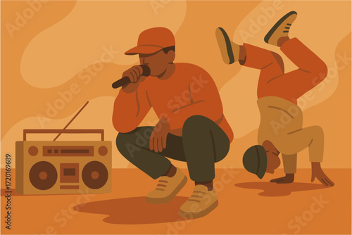 Urban hip hop culture with breakdancing and music in retro style