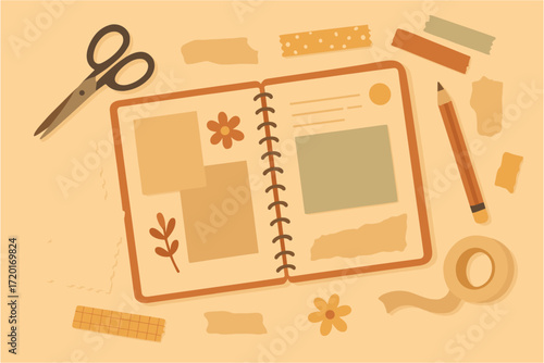 Cozy scrapbooking scene with open notebook and craft supplies on warm background