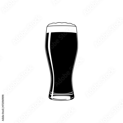 Black silhouette of a pint glass full of beer with foam on top isolated on white background